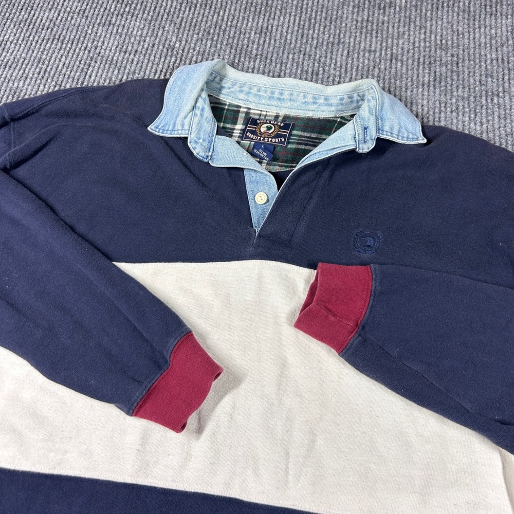 Vintage Duck Head Shirt Men's L Varsity Sports Rugby Navy Denim Collar Stripe